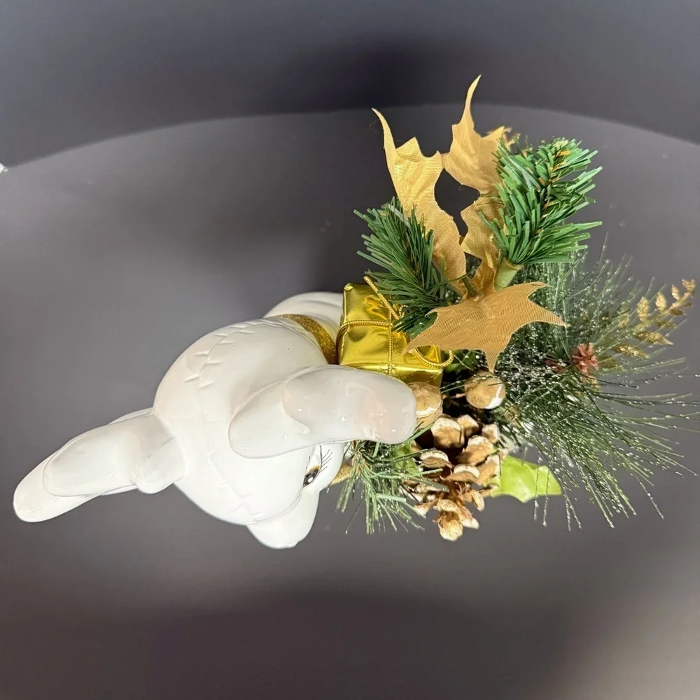 1990’s White Ceramic Reindeer Planter with Gold Bow & Greenery EUC
